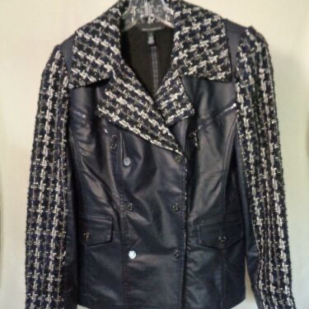 WHITE HOUSE BLACK MARKET FAUX LEATHER TWEED SHORT BLAZER SZ 4